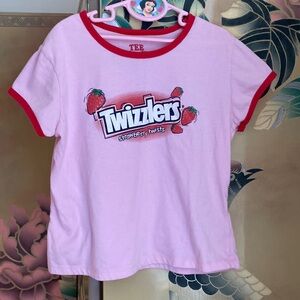 Y2K Pink Twizzlers strawberry twist ringer tshirt sz LG 14/16 girls